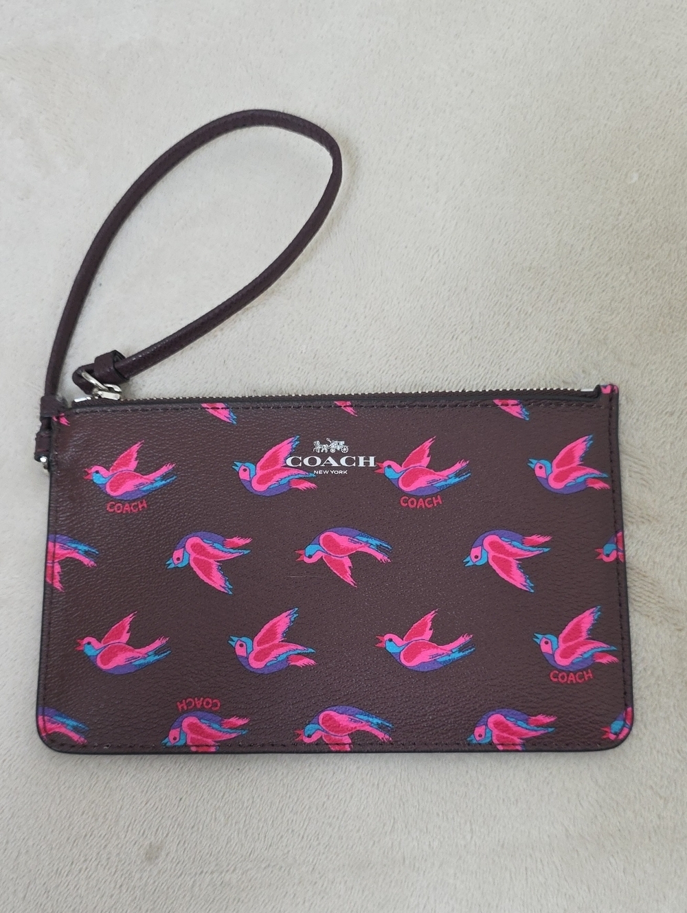 Coach Bird Print Large Wristlet Clutch Pouch Brown Pink Blue Leather Trim NWOT